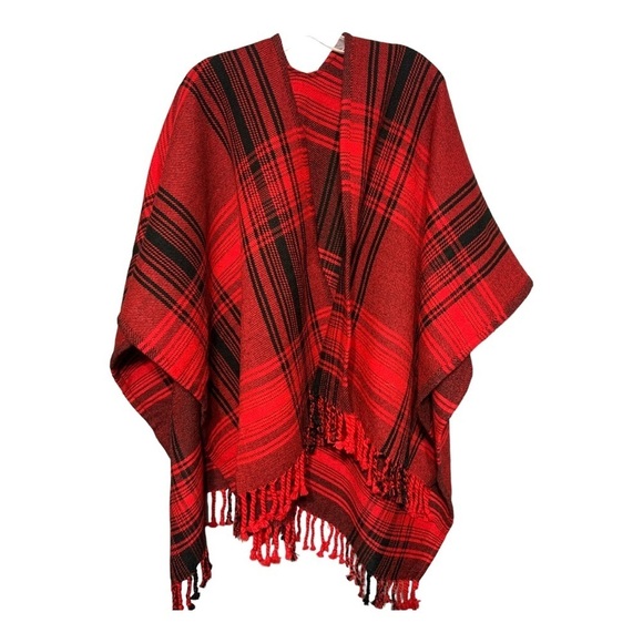 Talbots Woven Fringe Ruana Wrap Scarf Red Pop Multi Plaid Reversible 44" x 55" - Picture 5 of 8